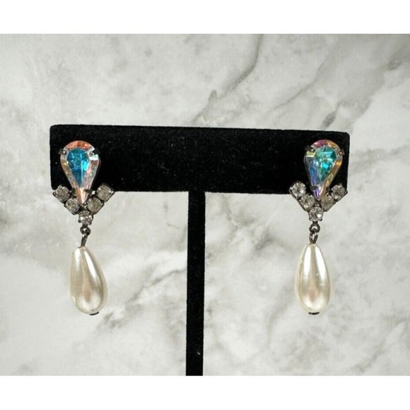 Silver Tone Dangle Earrings with Pear Rhinestones & Teardrop Faux Pearl - 1 1/2" - Picture 1 of 6